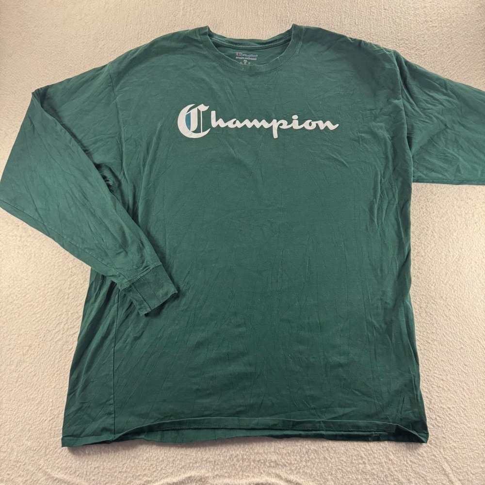 Champion Long Sleeve T-Shirt Mens 2XL Green Excellent Graphic Script Logo Tee